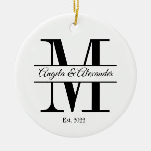 Ornamento De Cerâmica Casamento Minimalista Monograma Dividido