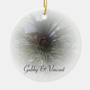 Ornamento De Cerâmica Casamento no inverno nevado dos pinhos