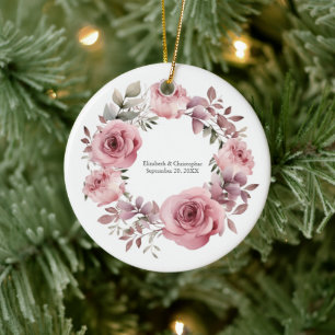 Ornamento De Cerâmica Casamento por Aquarela com Rosas Rosa Monograma