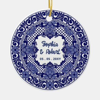 Ornamento De Cerâmica Casamento Talavera Azul Mexicano