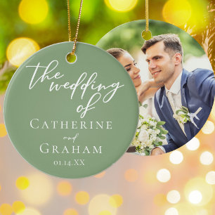 Ornamento De Cerâmica Casamento Verde Sage Foto Personalizada Natal