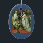 Ornamento De Cerâmica Casamento vintage, noiva e noiva com Menorah<br><div class="desc">Ilustração Vintage,  amor e cerimônia de casamento romântica,  com uma imagem de um casal se casando em uma bela sinagoga com vitrines coloridas,  flores e uma menorah de sete galhos. A noiva está vestindo um longo vestido branco e o noivo é bonito em seu smoking.</div>