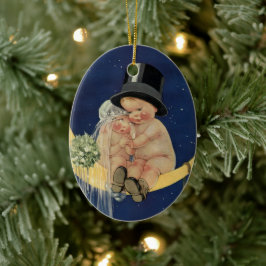 Ornamento De Cerâmica Casamento Vintage, Noiva e Noivo Fofo em uma Lua