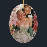 Ornamento De Cerâmica Casamento vintage, Noiva retrô e Newlyweds Groom<br><div class="desc">Vintage ilustration love and romance design com noiva no vestido de noiva e no noivo do seu smoking. O feliz casal recém-casado está rodeado de lindas flores florais,  rosa e brancas.</div>