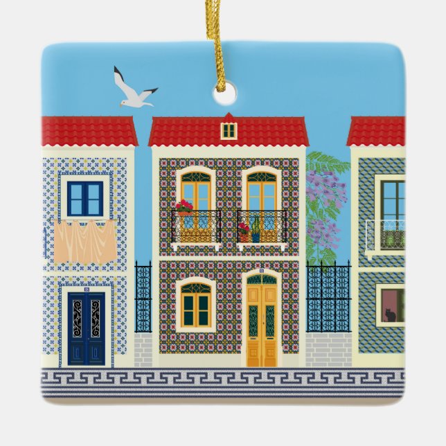 Ornamento De Cerâmica Casas bonitas em português com azulejos ou azulejo (Frente)