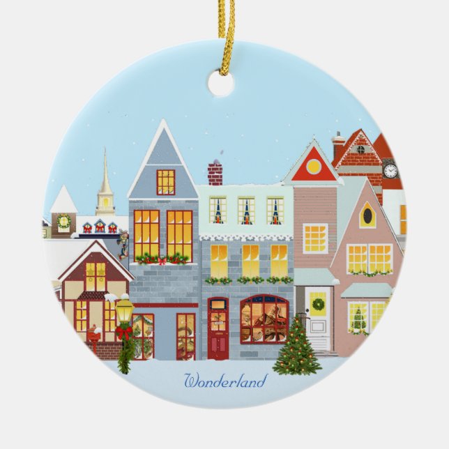 Ornamento De Cerâmica Casas de cidade de Natal com céu azul (Frente)