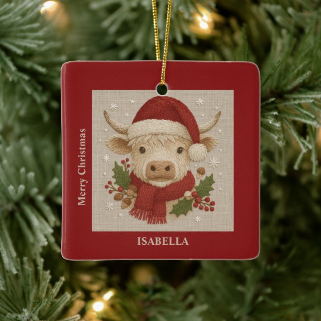 Ornamento De Cerâmica Casca russa com Vaca Highland com Santa Hat (Árvore)