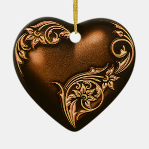 Ornamento De Cerâmica Castanho de chocolate com rolagem Dourada
