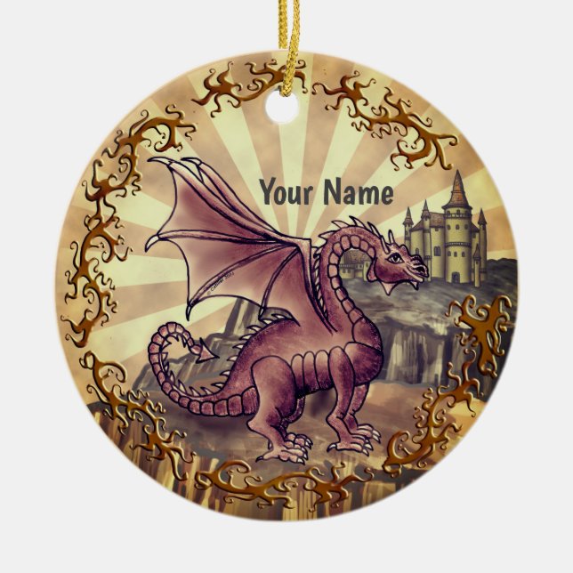 Ornamento De Cerâmica Castelo Sépia dragão  (Frente)