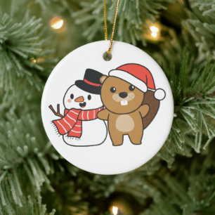 Ornamento De Cerâmica Castor Com Neve No Inverno Na Cerâmica De Natal