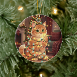 Ornamento De Cerâmica Cat & Christmas Lights – Playful Cat