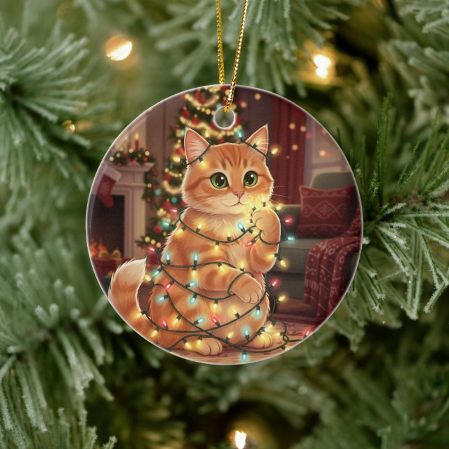 Ornamento De Cerâmica Cat & Christmas Lights – Playful Cat  (Árvore)