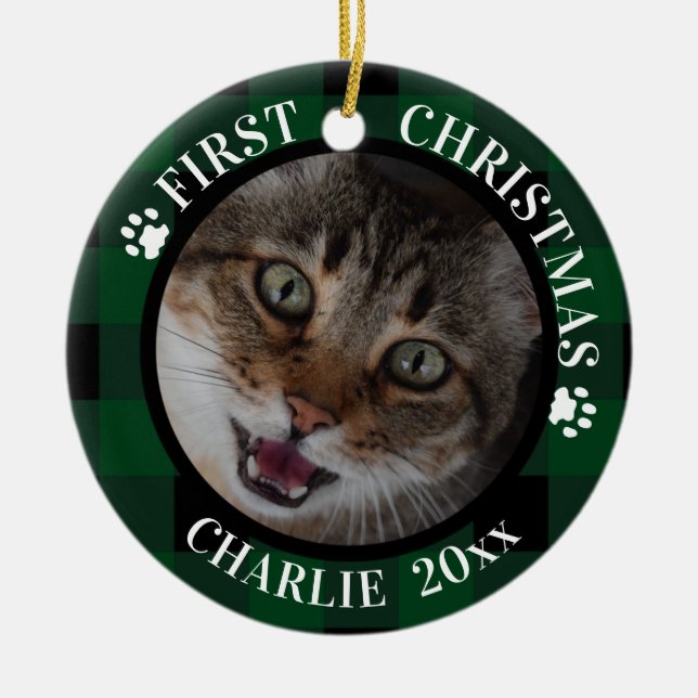 Ornamento De Cerâmica Cat First Christmas 2-Photo Green e Black Xadrez (Frente)