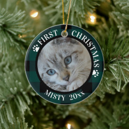 Ornamento De Cerâmica Cat First Christmas 2-Photo Teal and Black Xadrez