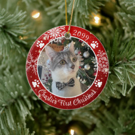 Ornamento De Cerâmica Cat First Christmas Snowflake Foto Red White