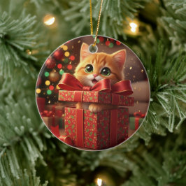 Ornamento De Cerâmica Cat in Gift Box - Cat Popping Out of Present Xmas