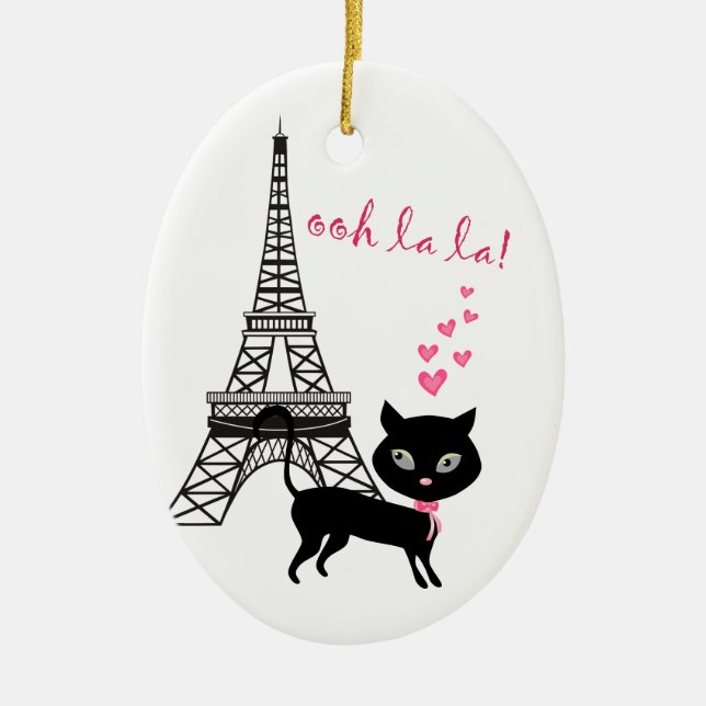 Ornamento De Cerâmica Cat Personalizada e Torre Eiffel Paris La La (Frente)