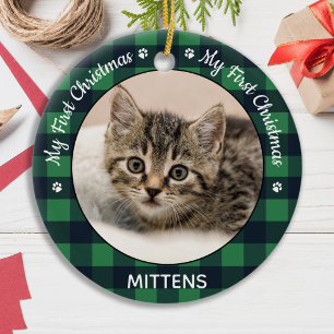 Ornamento De Cerâmica Cat Pet Photo Green Xadrez Kitten Primeiro Natal