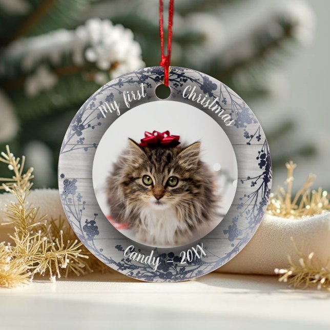 Ornamento De Cerâmica Cat Pet Primeiro Foto de Natal Mortes Prateadas (Criador carregado)