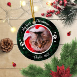 Ornamento De Cerâmica Cat Pet Primeiro Natal Foto Rustic Xadrez Verde<br><div class="desc">Cat Pet Primeiro Natal Foto Rustic Green Xadrez Cerâmica Ornament</div>