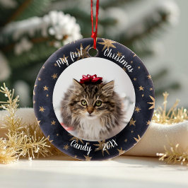 Ornamento De Cerâmica Cat Pet Primeiro Natal Foto Rústica Estrelas Mensa
