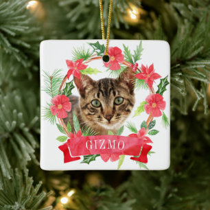 Ornamento De Cerâmica Cat Photo Christmas Wreath Monogramed