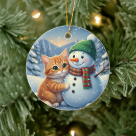 Ornamento De Cerâmica Cat & Snowman Friends Christmas Winter Companion