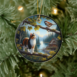 Ornamento De Cerâmica Cativante Cena Rústica de Gato Tricolor