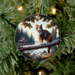 Ornamento De Cerâmica Cativante Cena Rústica de Gato Tricolor
