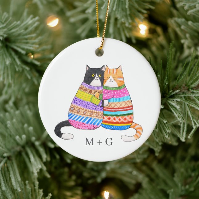 Ornamento De Cerâmica Cats in Sweater Snuggling Couple Custom Christmas  (Árvore)