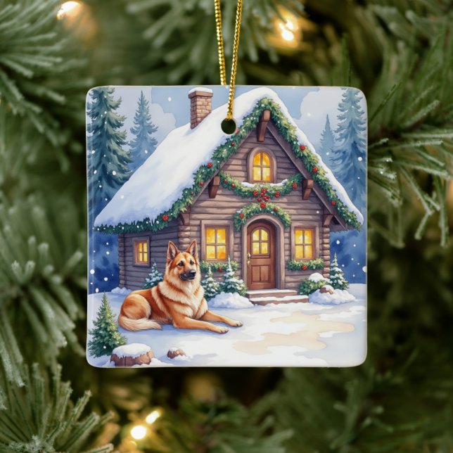 Ornamento De Cerâmica Caucasian Shepherd Dog Mountain Cabin Christmas (Árvore)