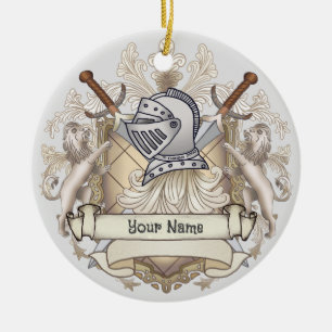 Ornamento De Cerâmica Cavaleiro Sépia Escudo sobrenome