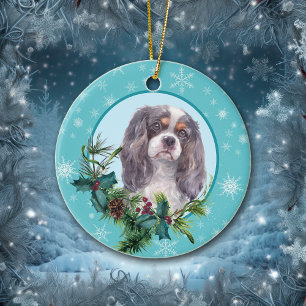 Ornamento De Cerâmica Cavalier King Charles Evergreen Blue Snowflake