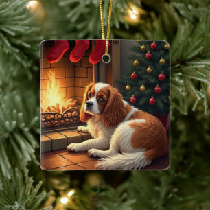Ornamento De Cerâmica Cavalier King Charles junto à Lareira Natal