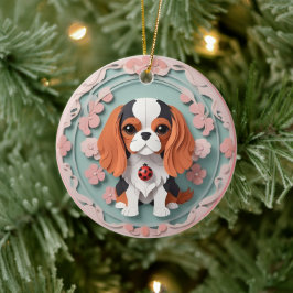 Ornamento De Cerâmica Cavalier King Charles Pink Flowers Paper Cutando