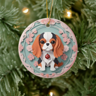 Ornamento De Cerâmica Cavalier King Charles Pink Flowers Paper Cutando