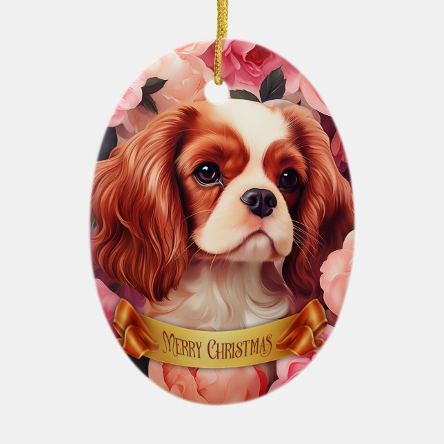 Ornamento De Cerâmica Cavalier King Charles Spaniel em Rosas (Frente)