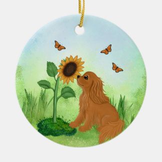 Ornamento De Cerâmica Cavalier King Charles Spaniel Rubro com Girassol