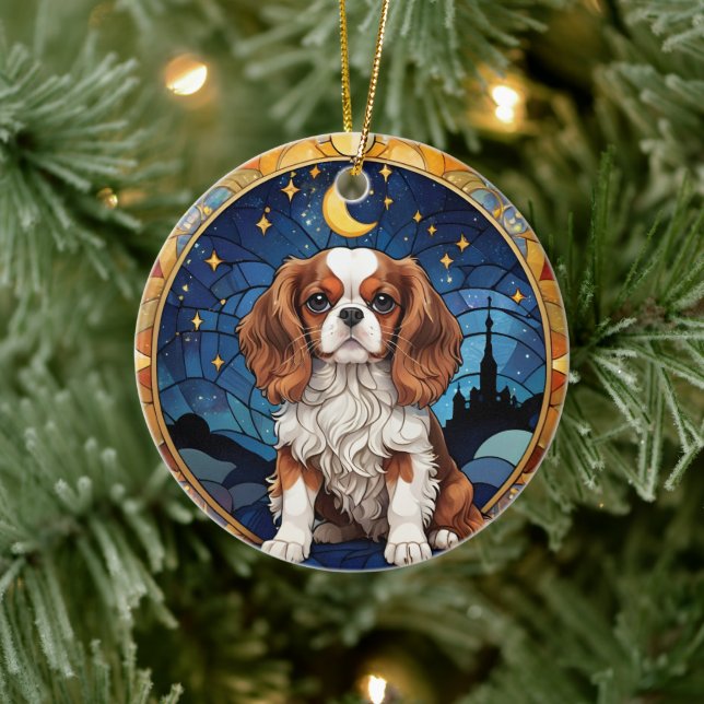 Ornamento De Cerâmica Cavalier King Charles StainGlass Night Moon (Árvore)