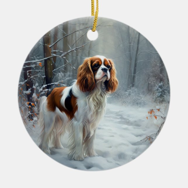 Ornamento De Cerâmica Cavalier King Deixou Neve Natal Bruto (Frente)