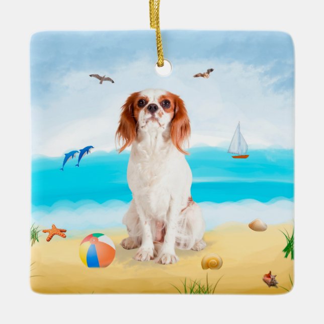 Ornamento De Cerâmica Cavalier King Dog em Beach (Frente)