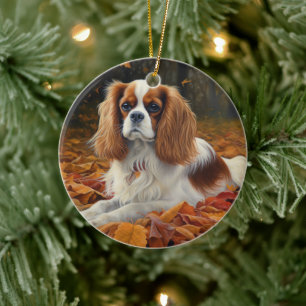 Ornamento De Cerâmica Cavalier King no Outono Folhas Caem Inspiram