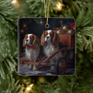 Ornamento De Cerâmica Cavalier King Snowy Sleigh Decoração de Natal