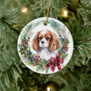 Ornamento De Cerâmica Cavalier King Wreath Festivo Pup