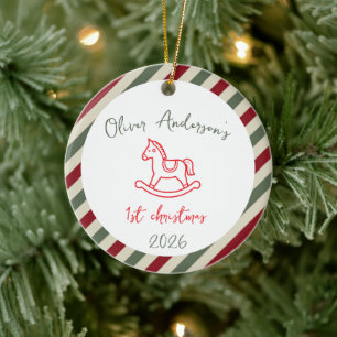 Ornamento De Cerâmica Cavalo Balançando Primeiro Natal Bebê Menino ou Me