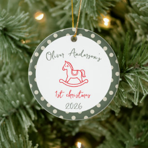 Ornamento De Cerâmica Cavalo Balançando Primeiro Natal Bebê Menino ou Me