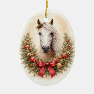 Ornamento De Cerâmica Cavalo Bonito e Coroa de Natal