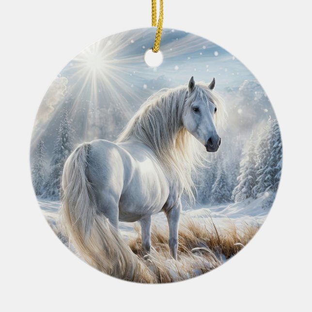 Ornamento De Cerâmica Cavalo bonito no Natal da Neve (Frente)