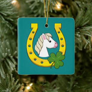 Ornamento De Cerâmica Cavalo Branco Bonito com Sapato de Cavalo Ouro, Ca