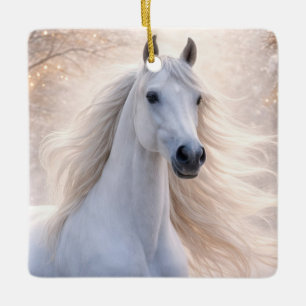 Ornamento De Cerâmica Cavalo Branco Bonito na Neve com Luzes de Natal